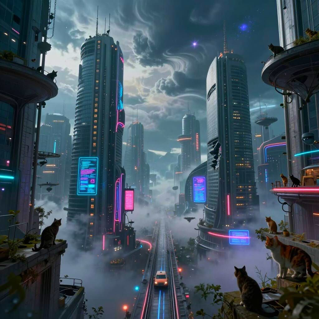 Futuristic Cat City with Twisted Gravity and Neon Lights