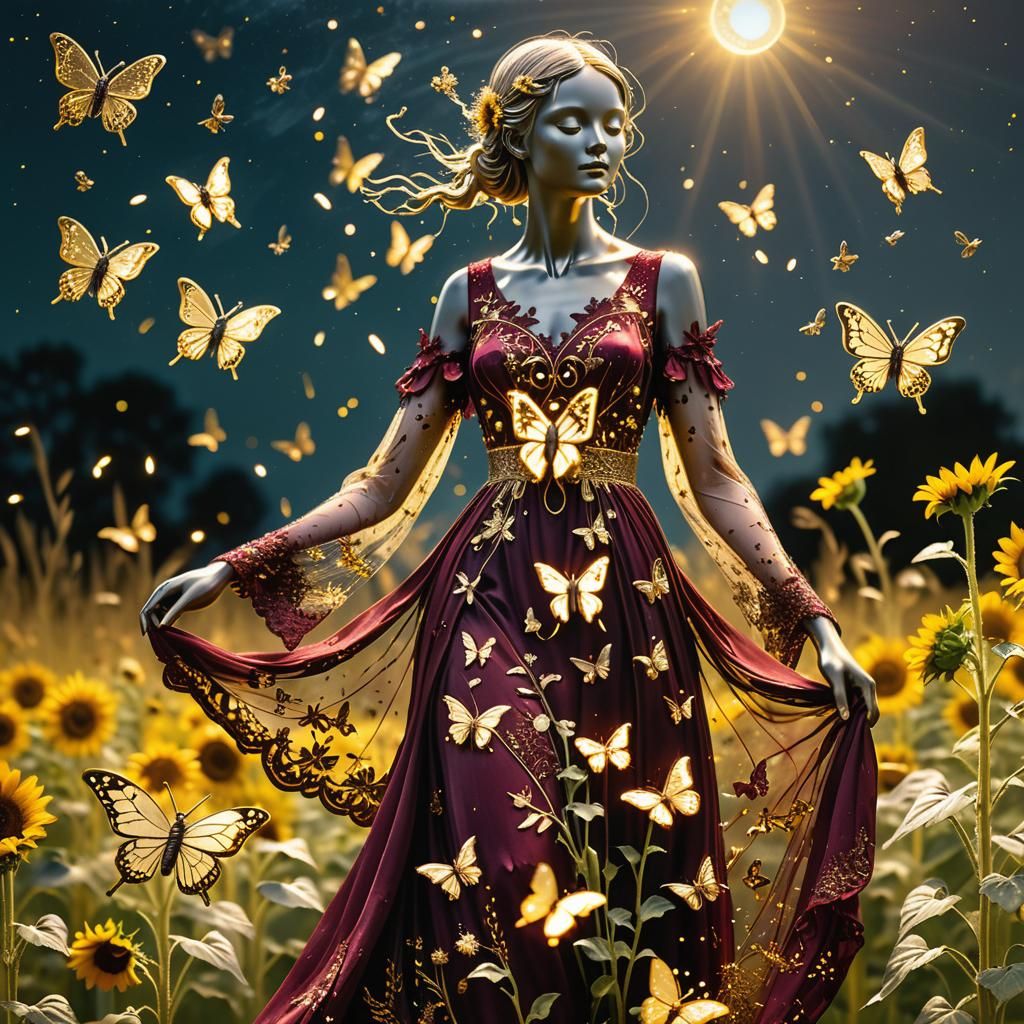 Statue in Burgundy Dress with Golden Butterflies