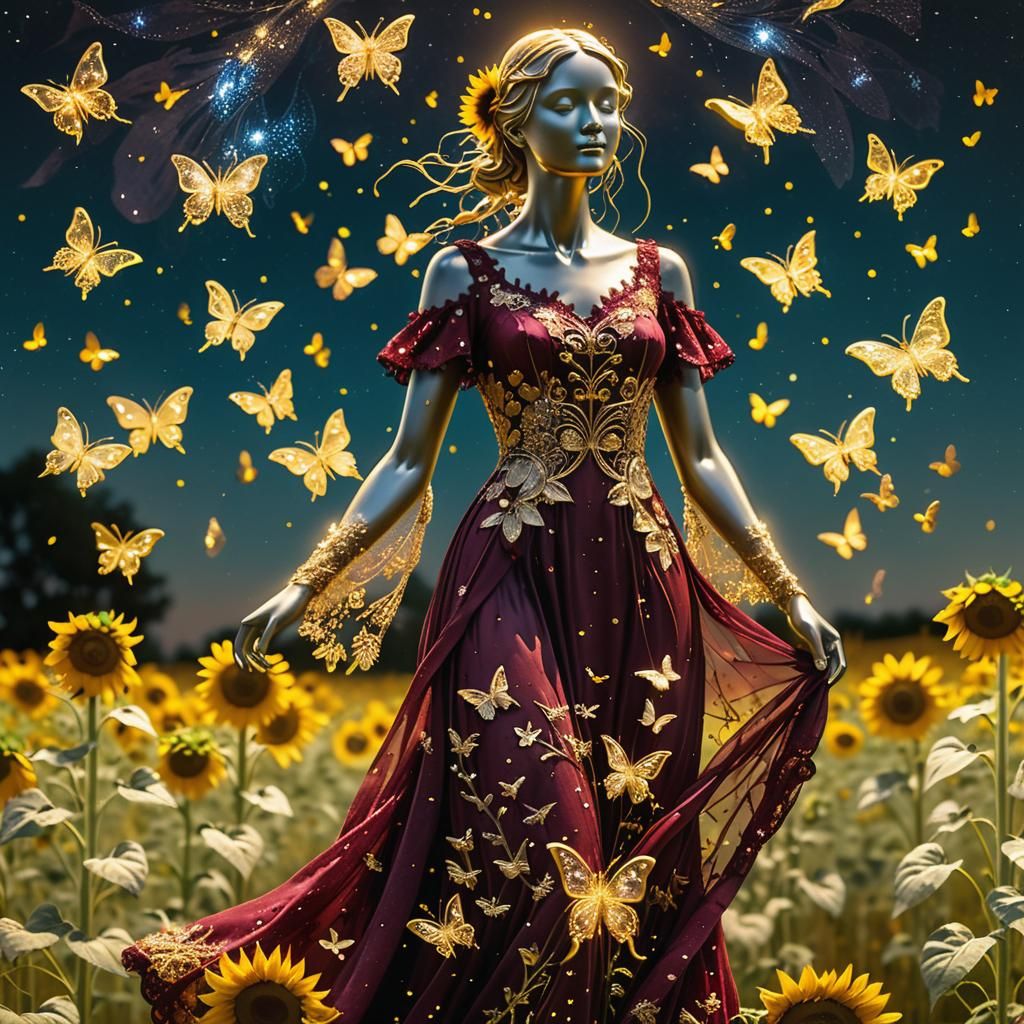 Statue in Burgundy Dress with Golden Butterflies