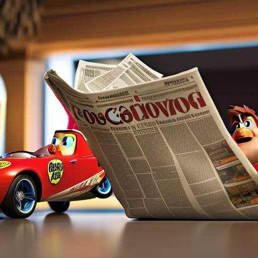Chicken Reading Newspaper with Lightning McQueen