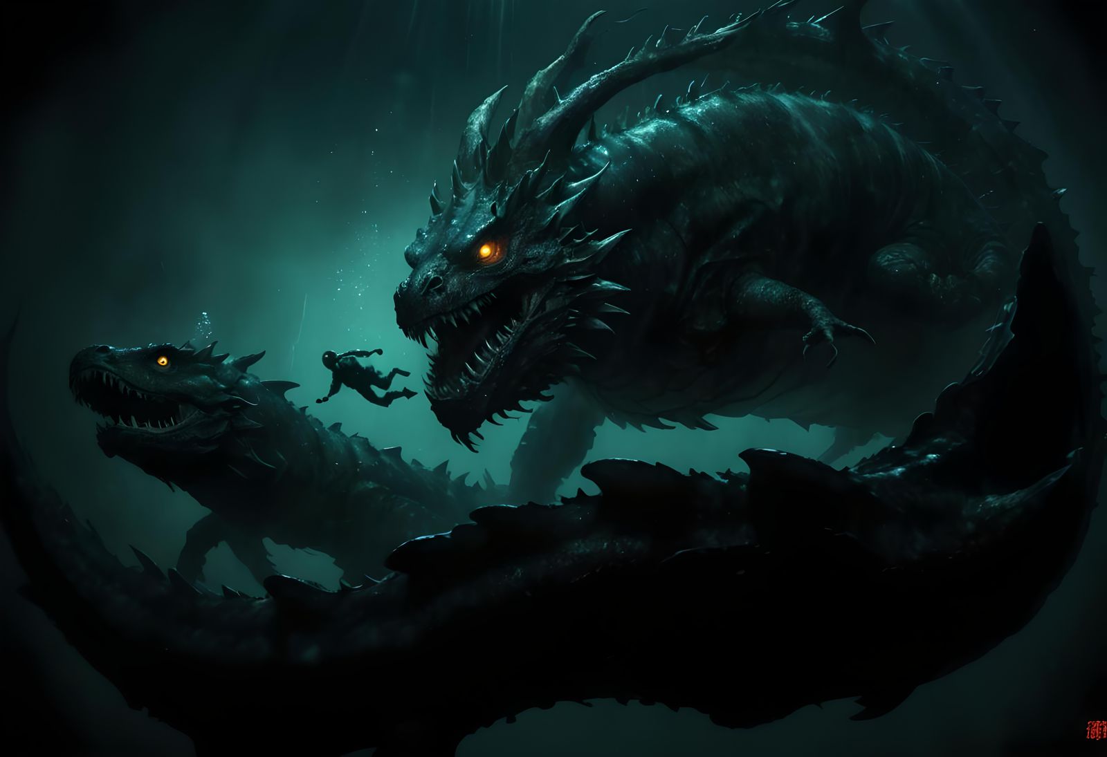 Diver Escaping Sea Monster in Mariana Trench