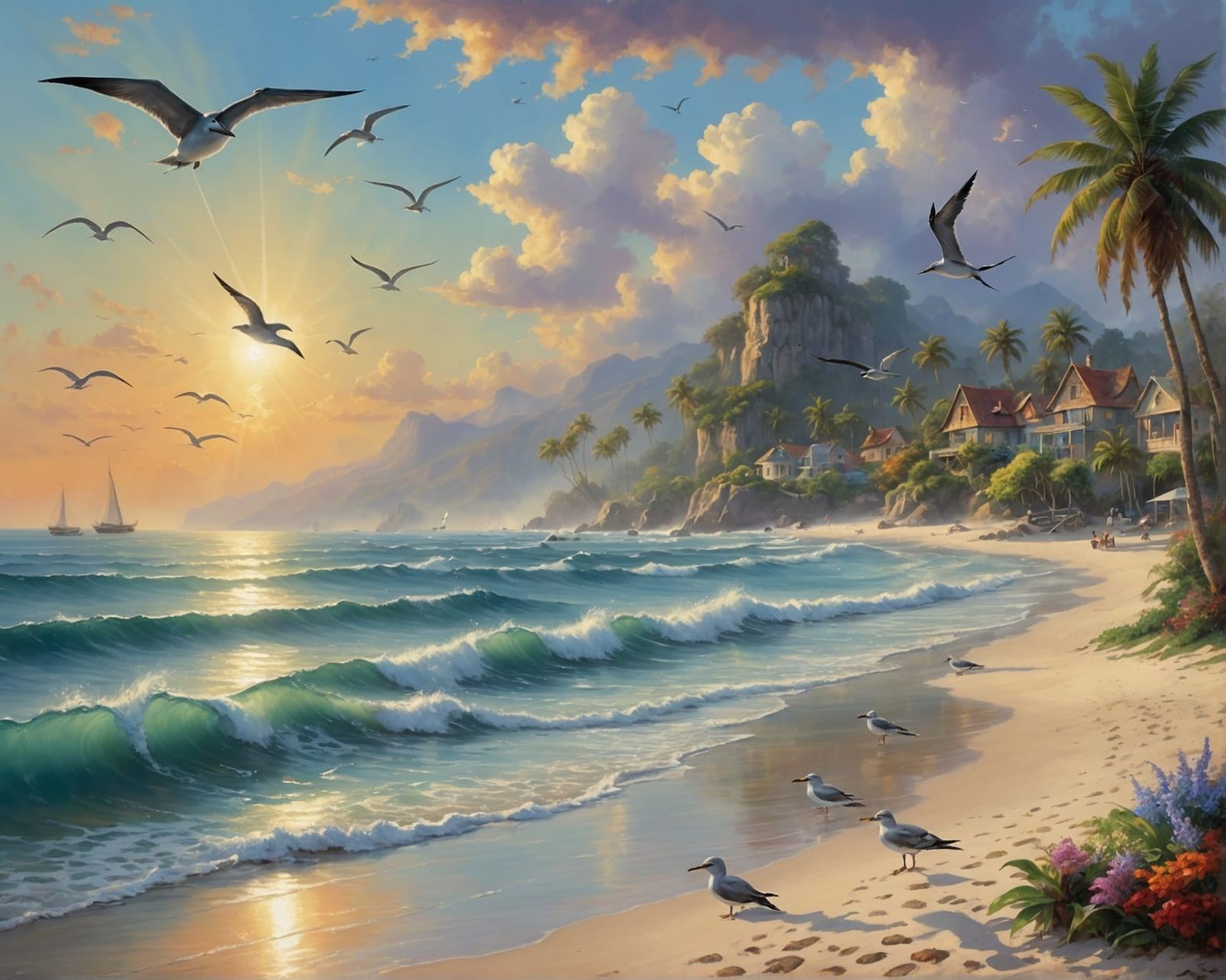Tropical Beach Oil Painting with Dolphins and Seagulls