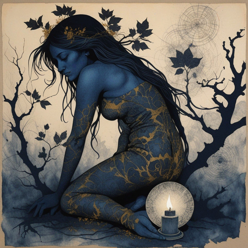 Mysterious Art Night Glowing Groves of Navy Hazel Under Cele...