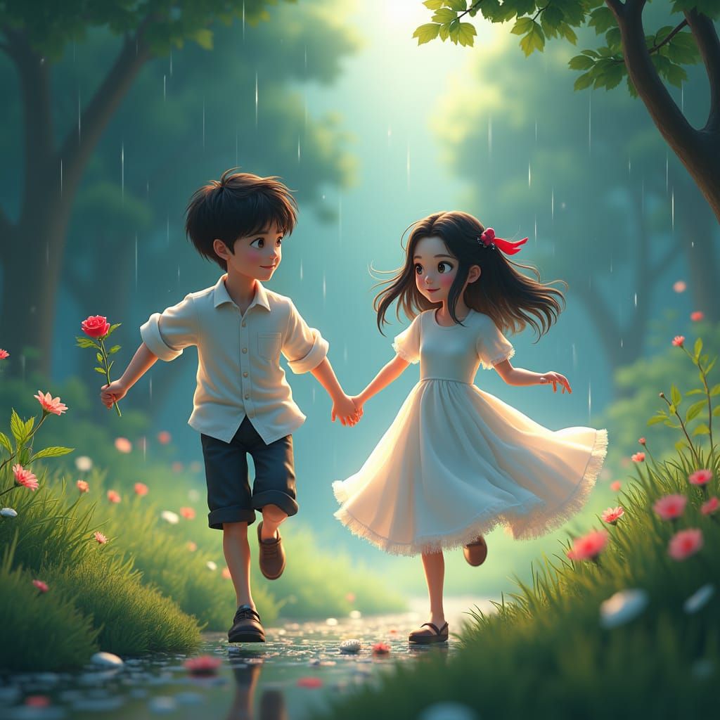 Chasing Dreams: Anime-Inspired Scene in Rainy Landscape