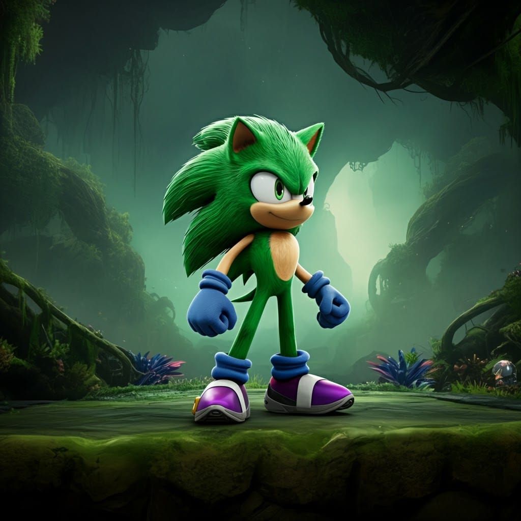 Heroic Green Hedgehog in a Sci-Fi Landscape