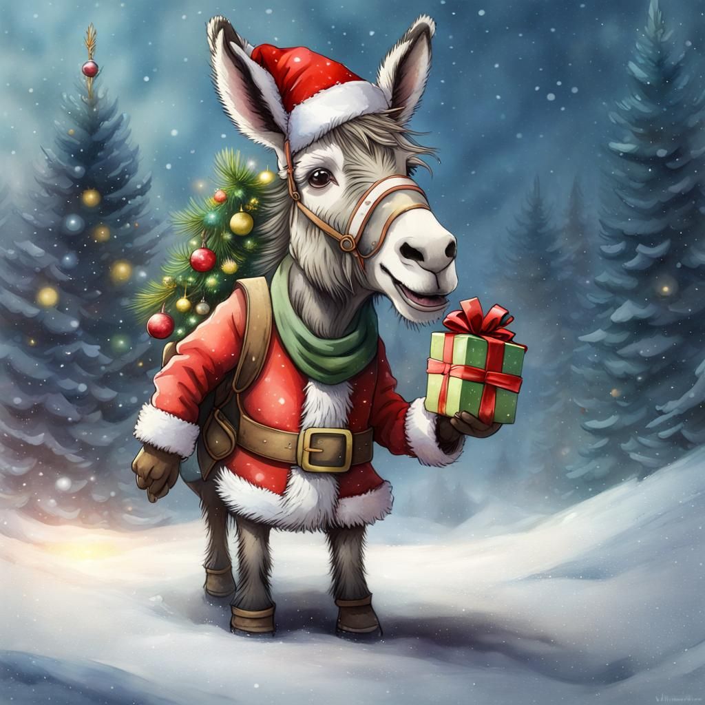 Festive Christmas Donkey in Watercolour Style