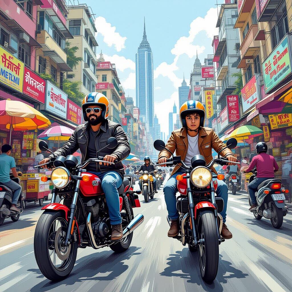 Motorbikes in Bustling Mumbai: Hyperrealistic Comic Art