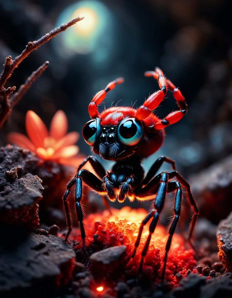Surreal Spider Watches Dragon Fly in Dreamlike Cavern