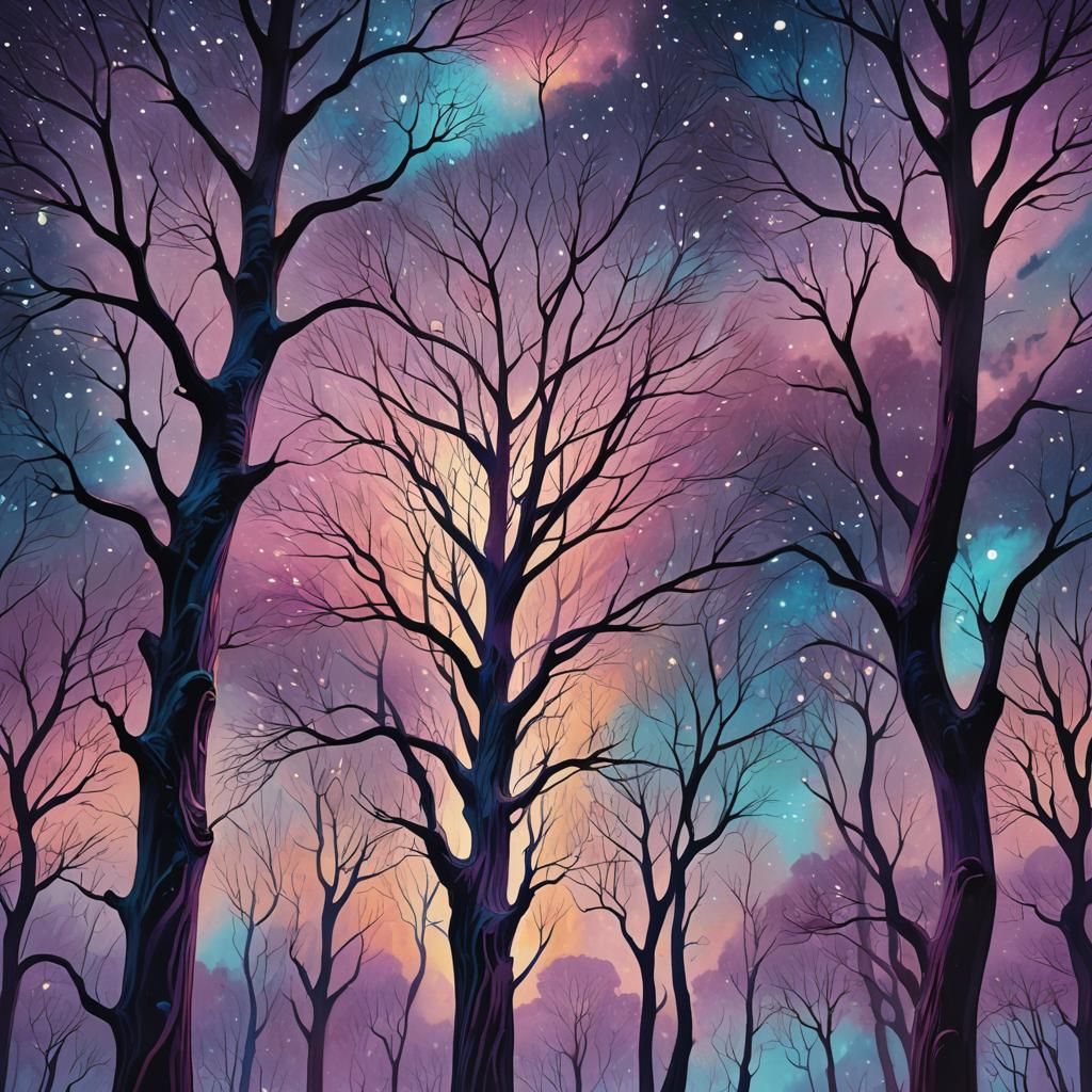 Cosmic Trees in Balance Under Starry Sky