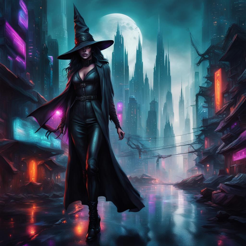 Modern Witch in Futuristic Cyberspace City