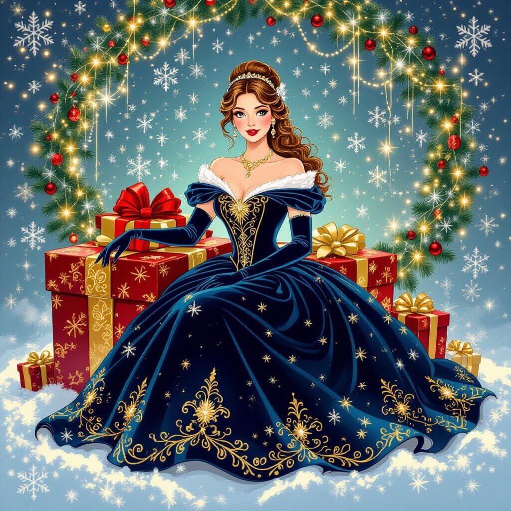 Belle in Christmas Dress, Art Nouveau Style