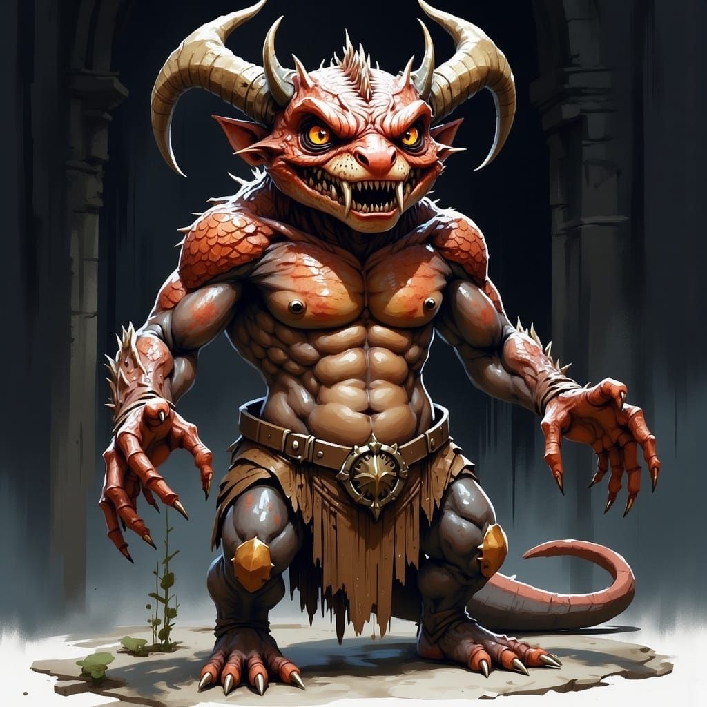 Grotesque Kobold in Dark Cavern, Fantasy Illustration