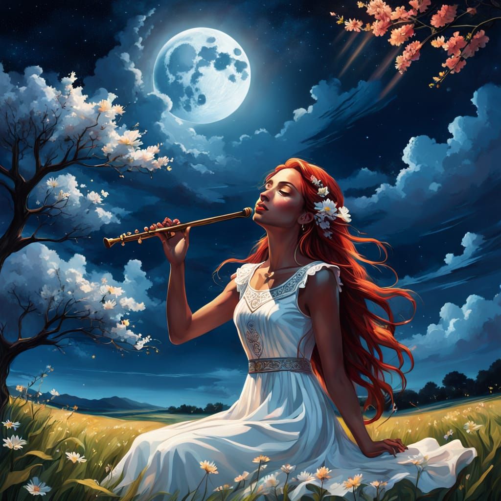 Girl Under Moonlight Plays Flute Amid Blooming Flowers