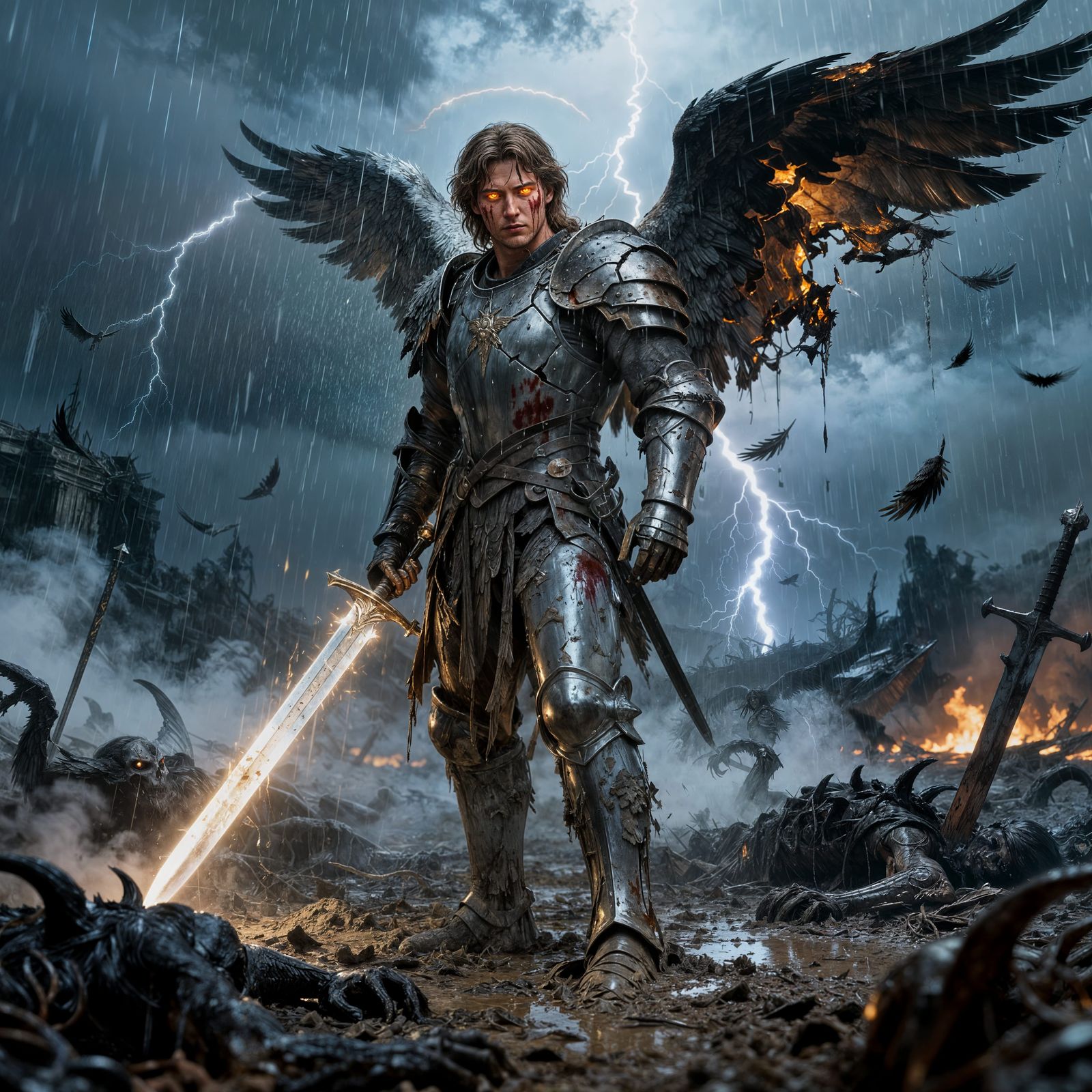 Victorious Angel After Battle, Dark Fantasy Concept Art
