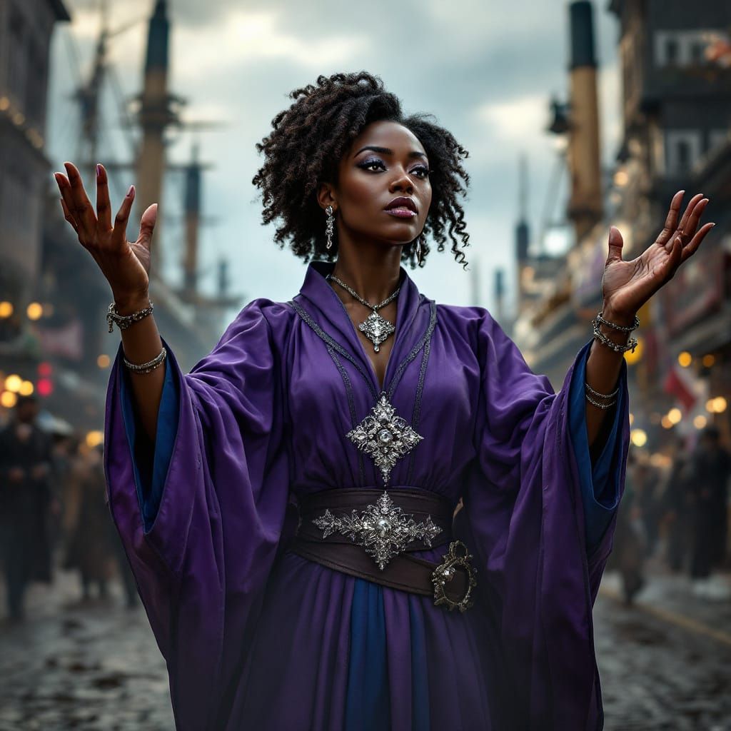 Triumphant Woman in Port City, Photorealistic Style