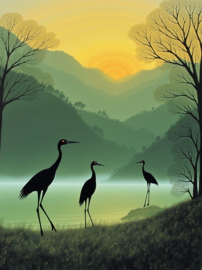 Ethereal Cranes Amidst a Serene Lake Landscape, in a Whimsic...