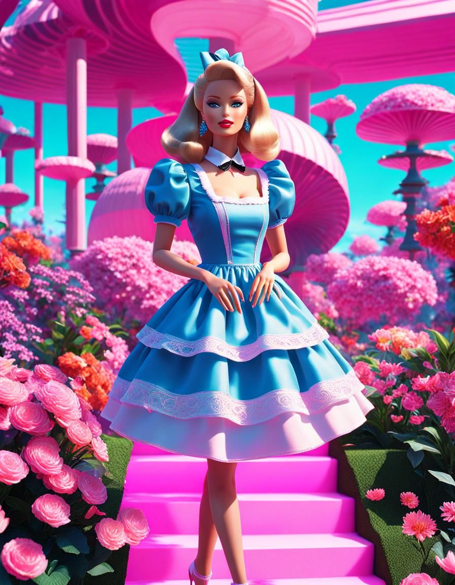 Barbie as Alice in Wonderland in Vaporwave Style