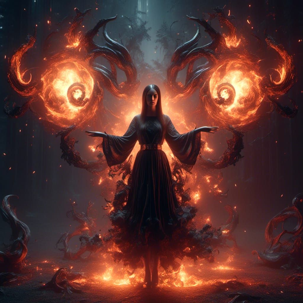 Ram Horned Woman with Fireballs in Dark Fantasy