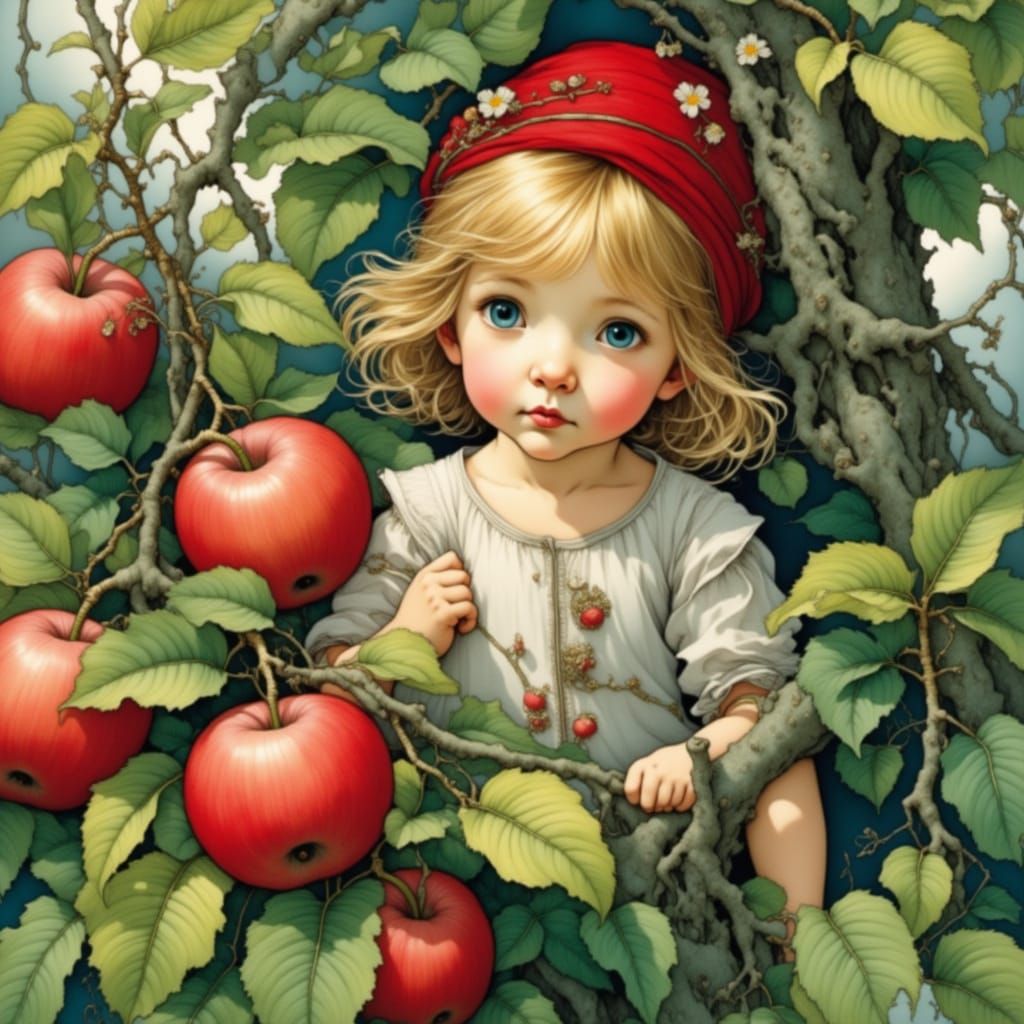 Flower Girl in Apple Tree, Vintage Illustration