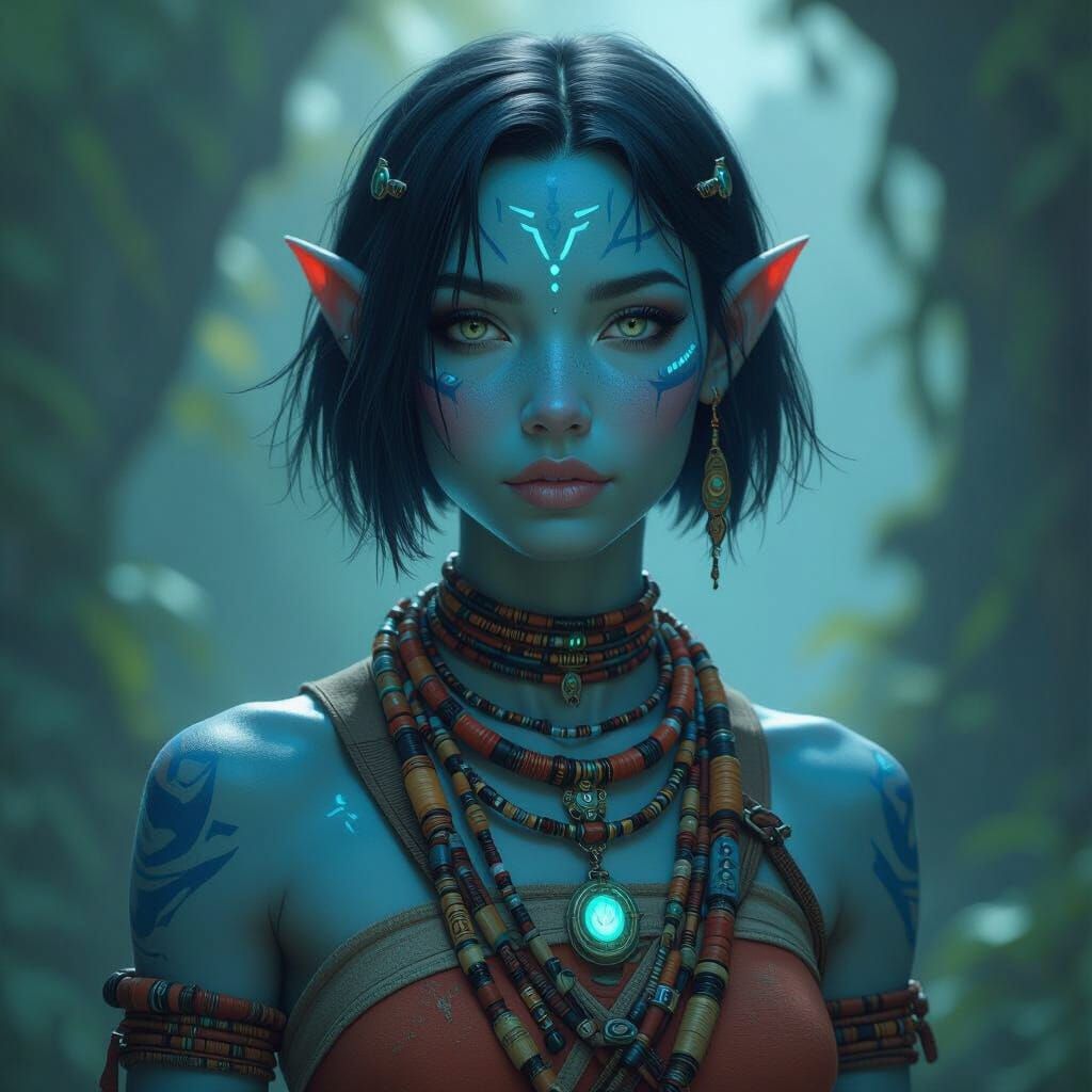Blue Na'vi Warrior with Bead Necklace in Sci-Fi Style