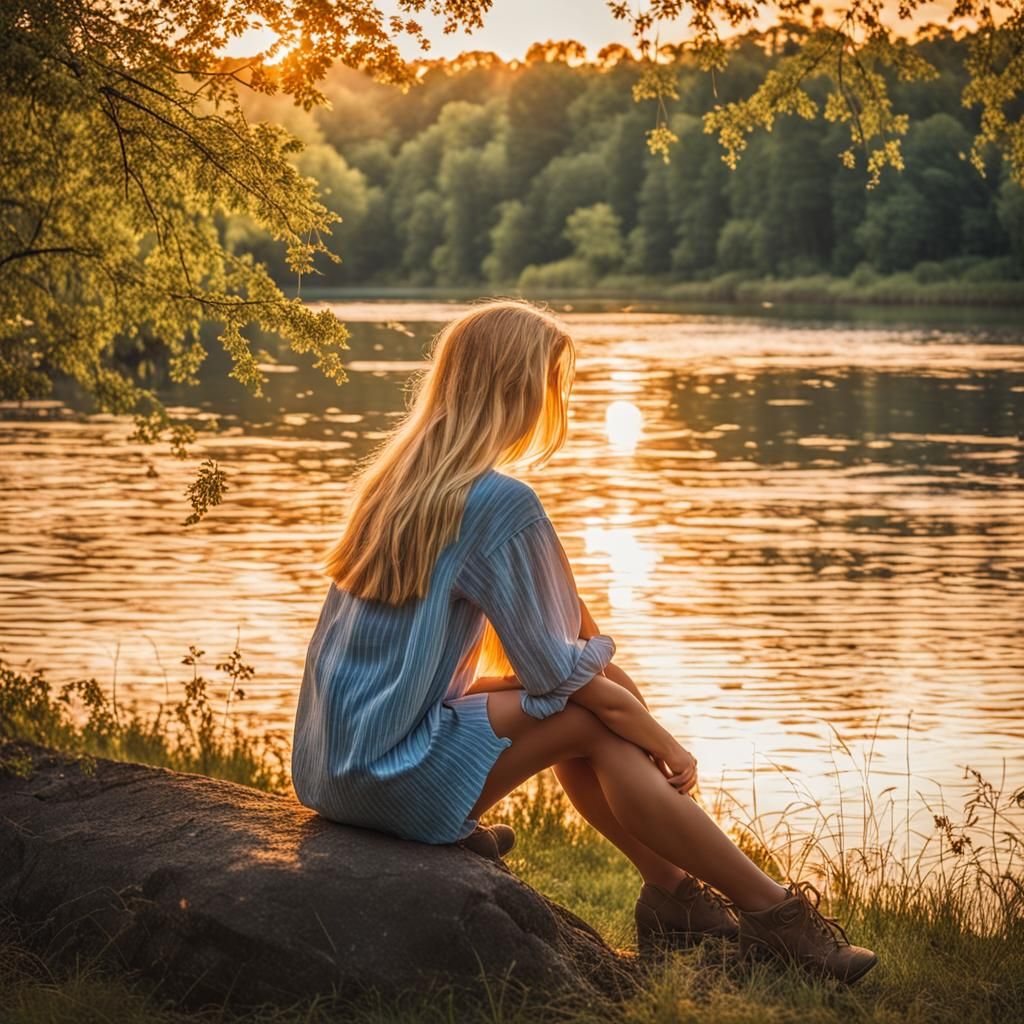 Blonde Girl by River with Sun and Tree