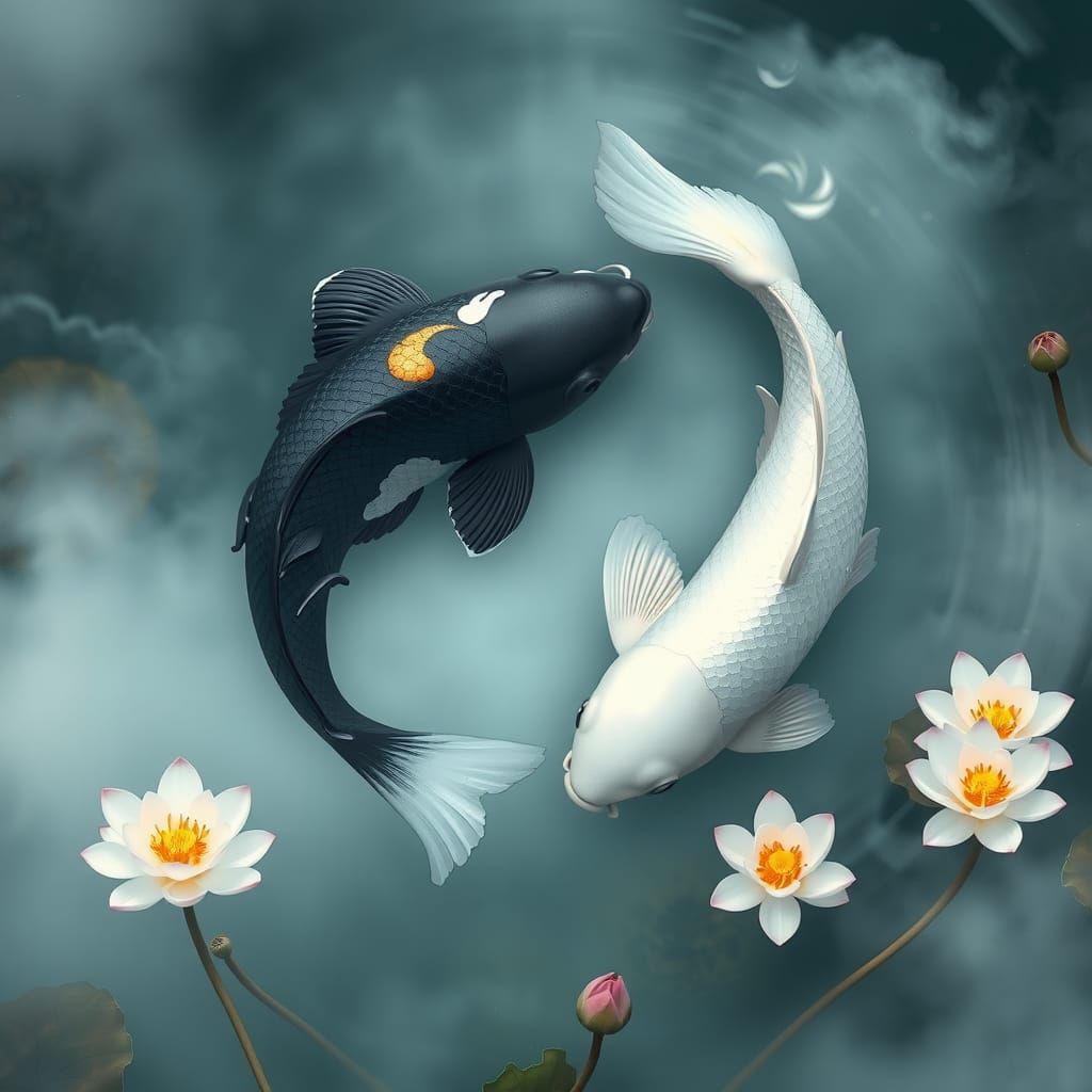 Yin Yang Koi Fish in Serene Lotus Pool