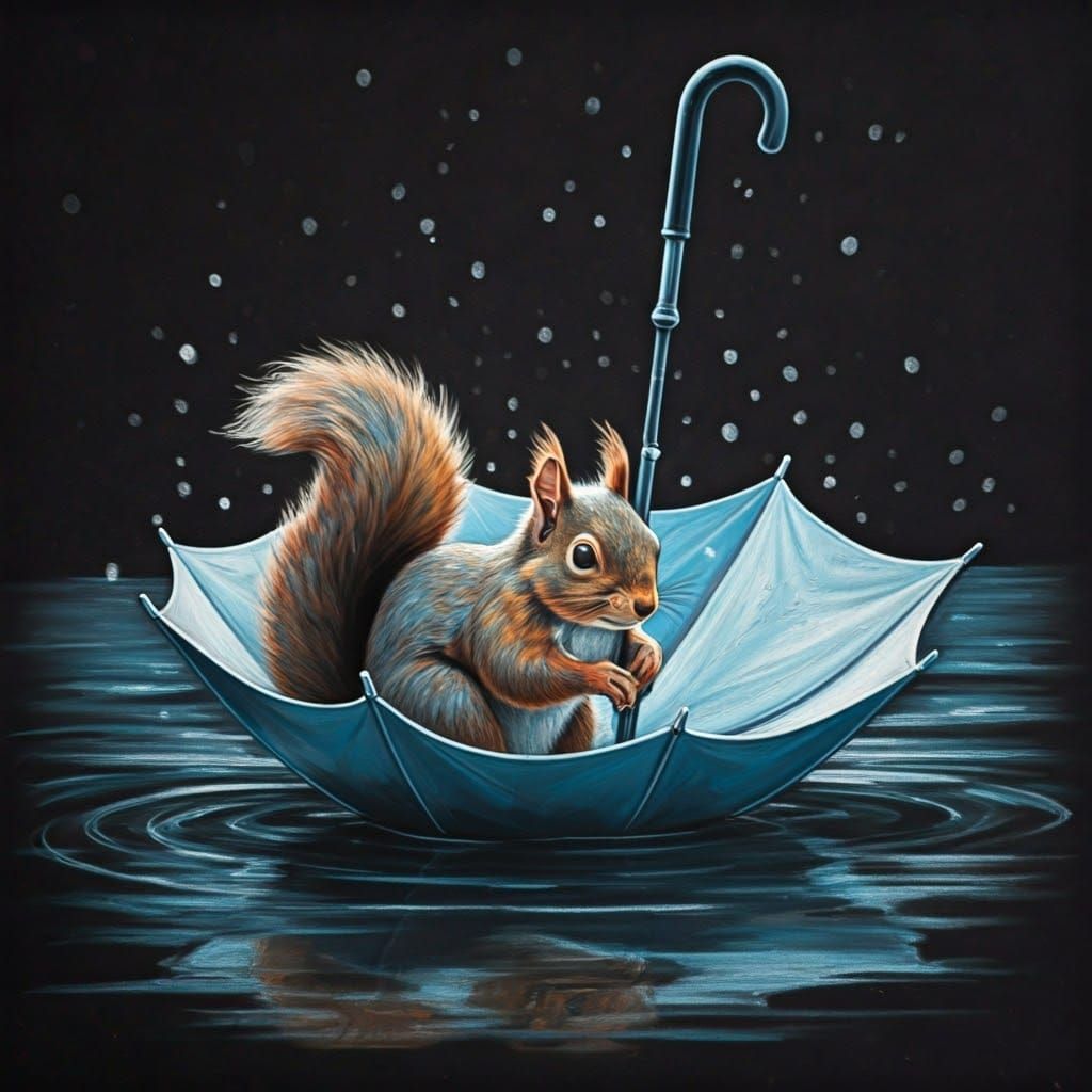 Whimsical Squirrel in Floating Umbrella, Soft Pastel Drawing