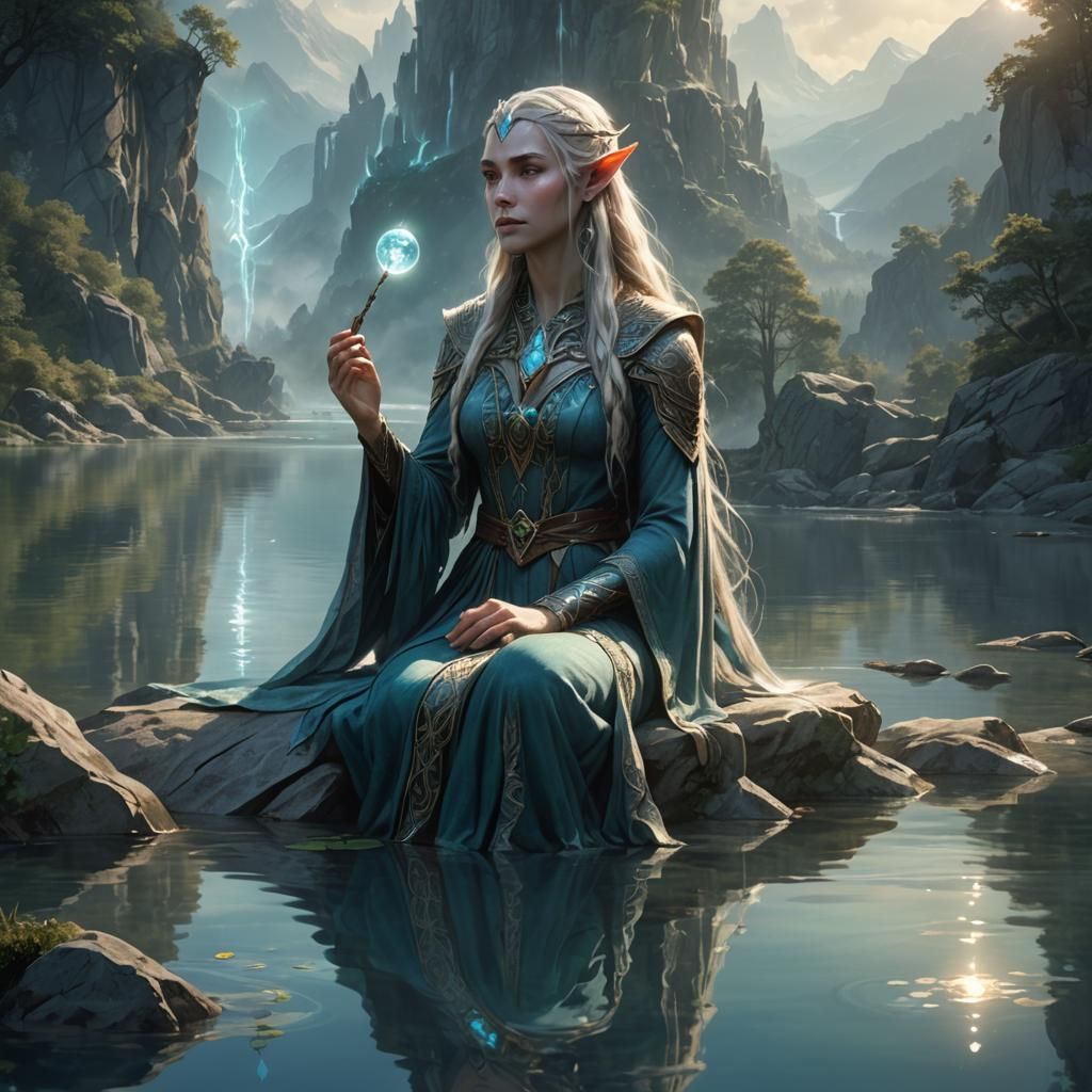 Elven Druidess at Mountain Lake: Fantasy Art