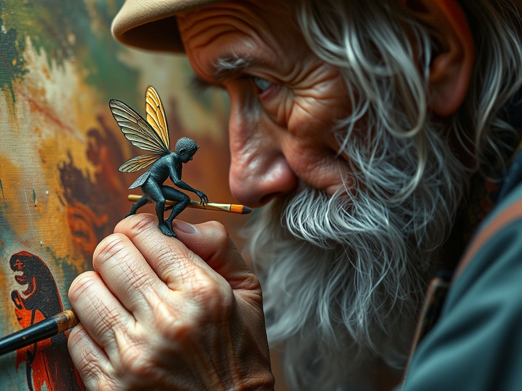 Hyperrealistic Old Artist Painting with Fairy Guide