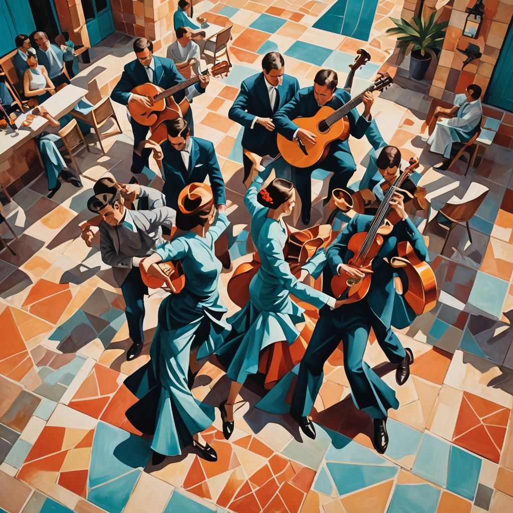 Flamenco Dancers in Cubist Style with Spanish Colors