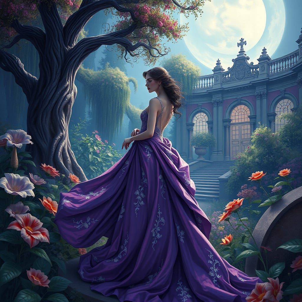 An elegant woman wearing purple gown at moonlight.