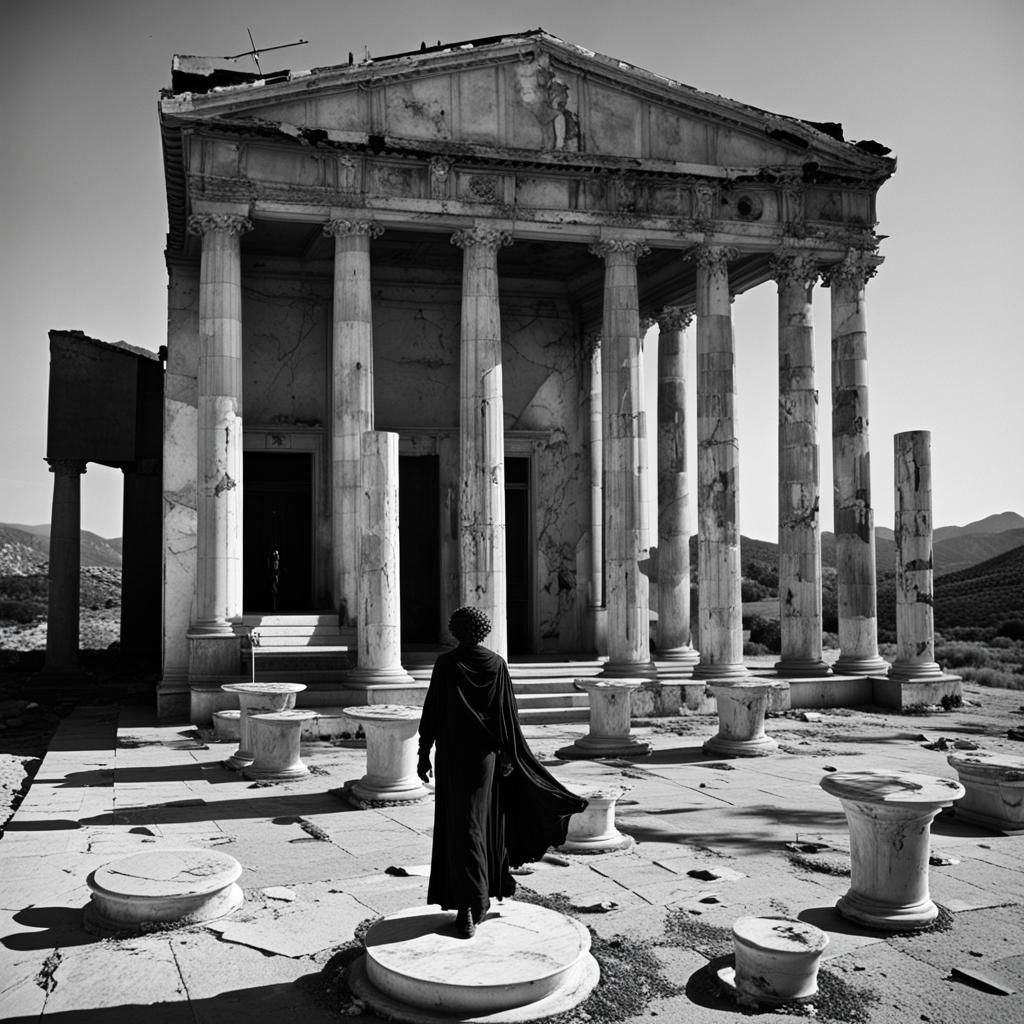 Desolate No Man's Land with Goth Model in Black and White