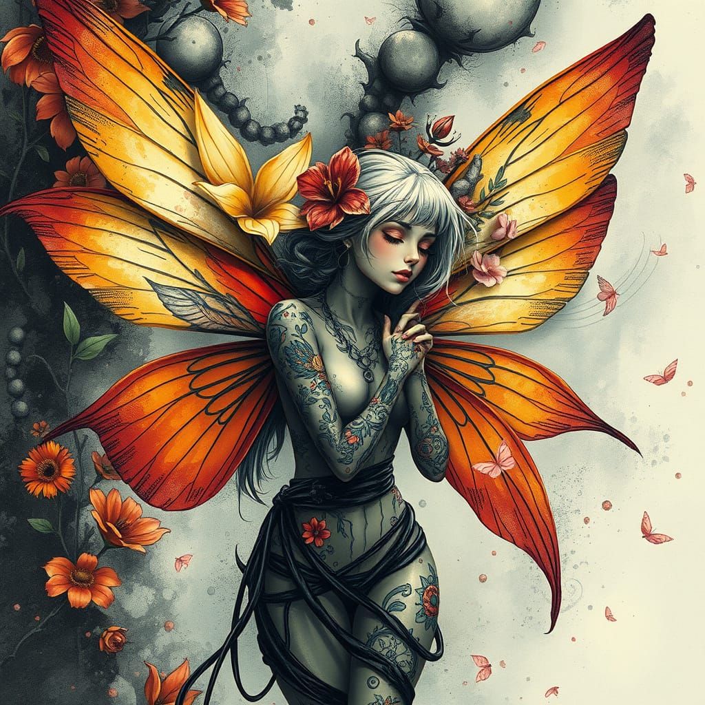 Paradise Fairy with Intricate Tattoos in Dreamy Setting