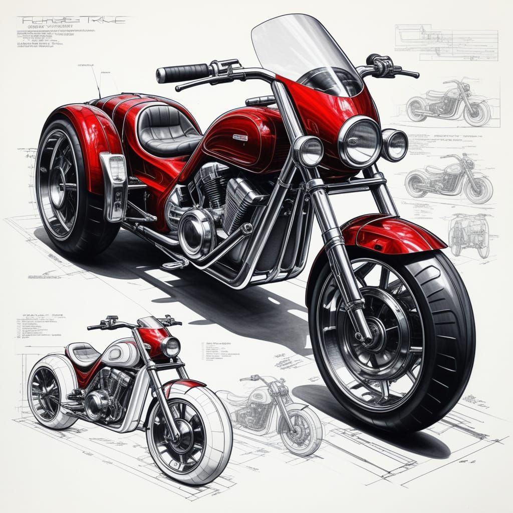 Futuristic Trike with Gloss Red Paintwork in Blueprint Style