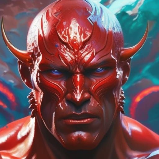 Muscular Demon in Red Paint, Hyperdetailed Digital Art