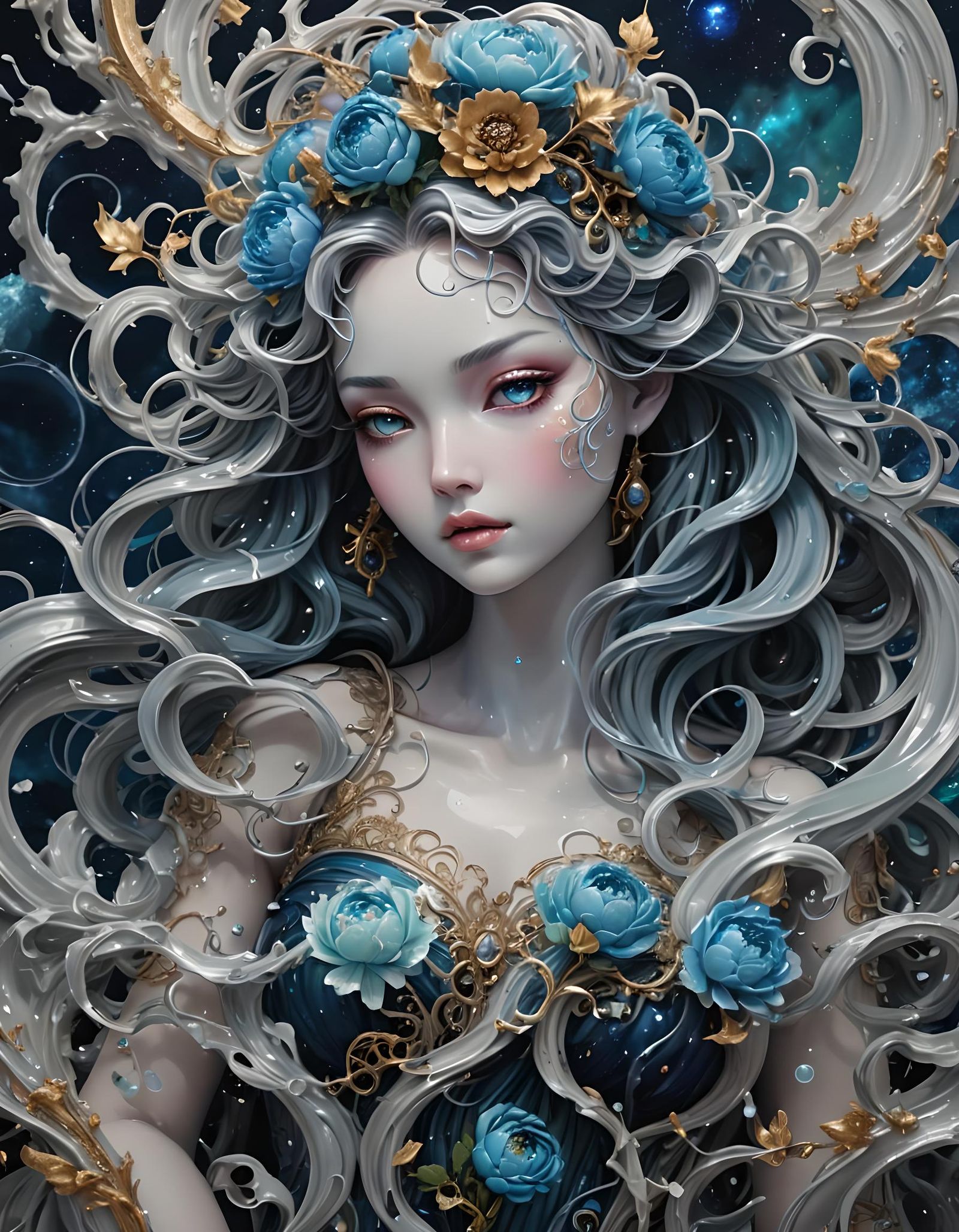 Luminous Moon Goddess with Peonies in Splash Art