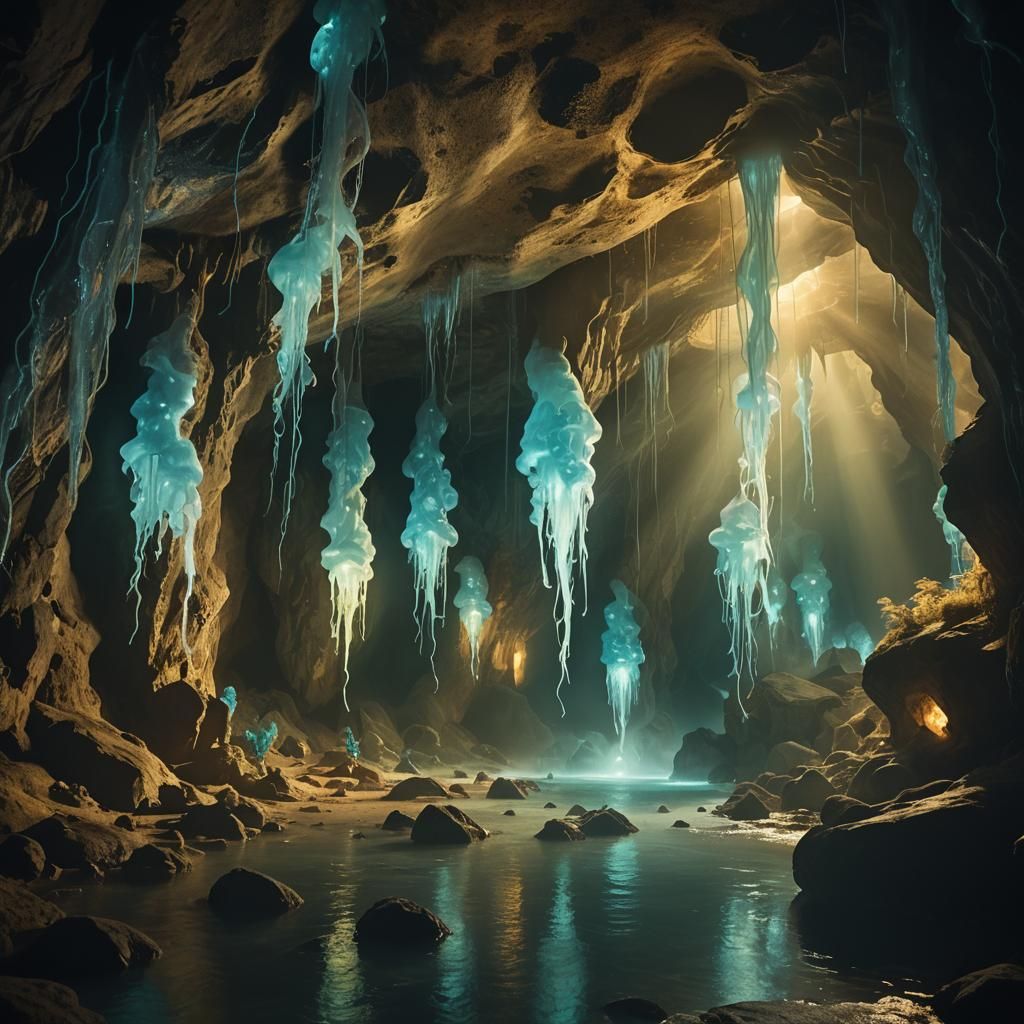 Bioluminescent Creatures Illuminate a Mystical Cave