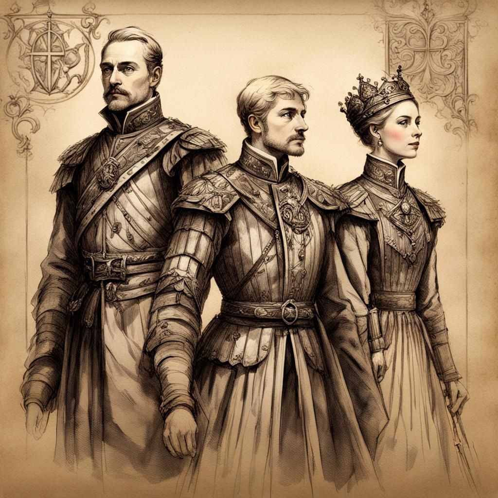 Noble Lords and Lady in Crow Symbolic Attire, Sketched in Ye...