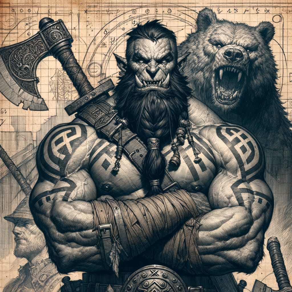 Early 20th-Century Sketchbook Style Half Orc Barbarian Portr...