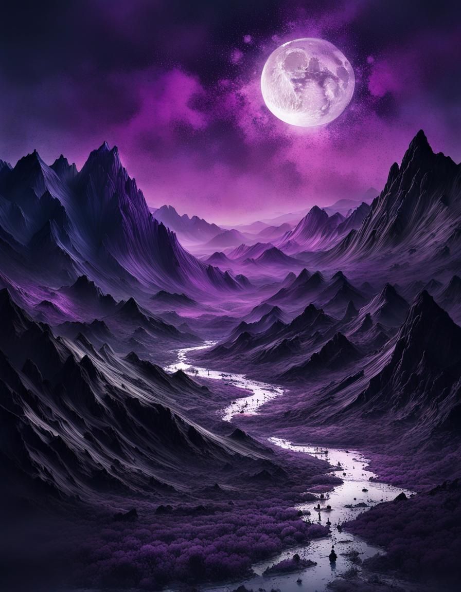 Ink Splatter Nightscape Landscape Under Full Moon