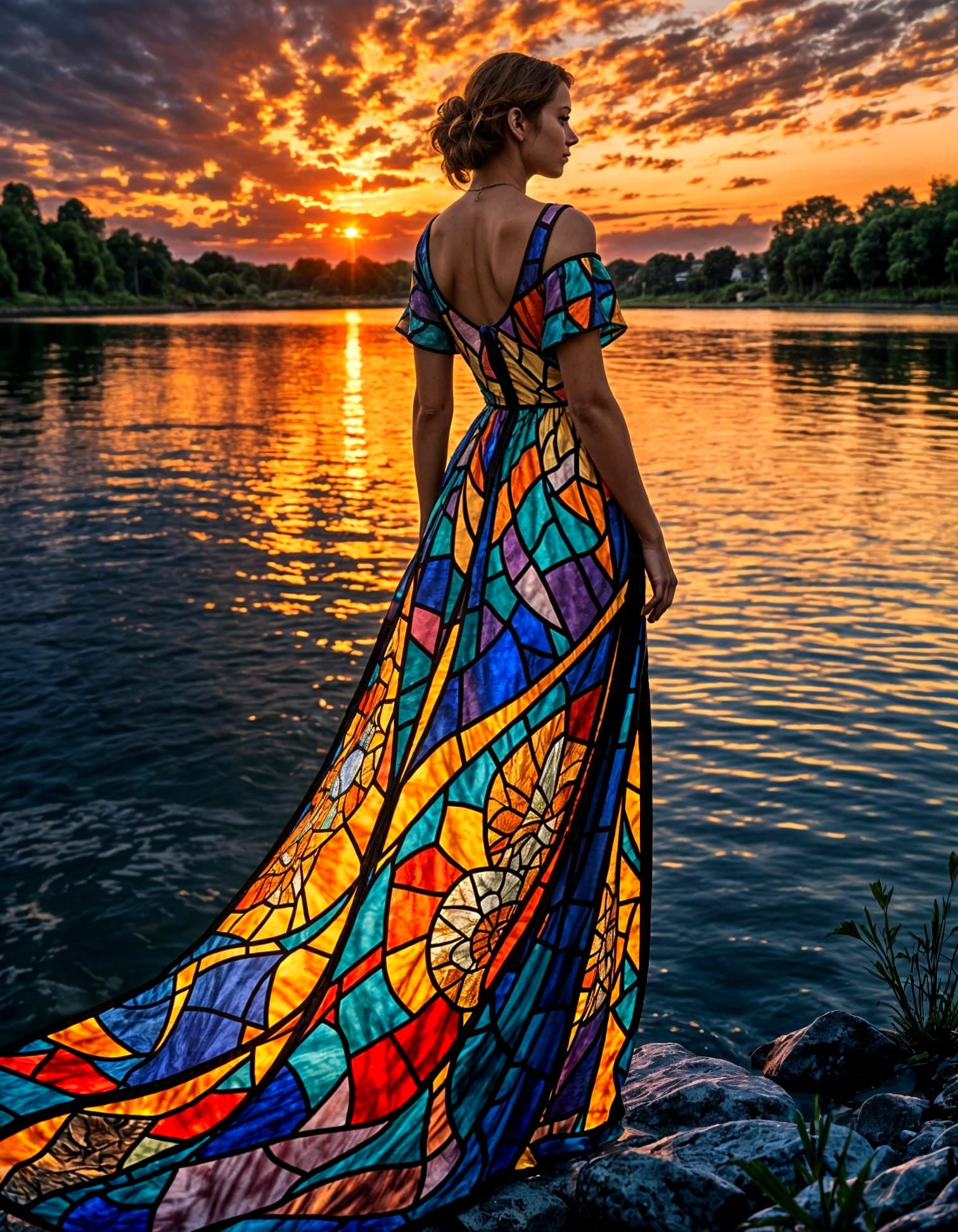 Woman in Flowing Stained Glass Dress at Sunset