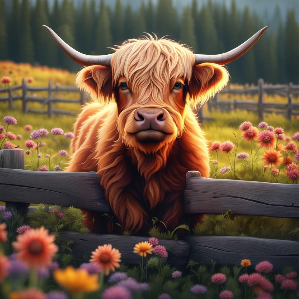 Highland Cow Calf in Flower Field: Fantasy Matte Painting