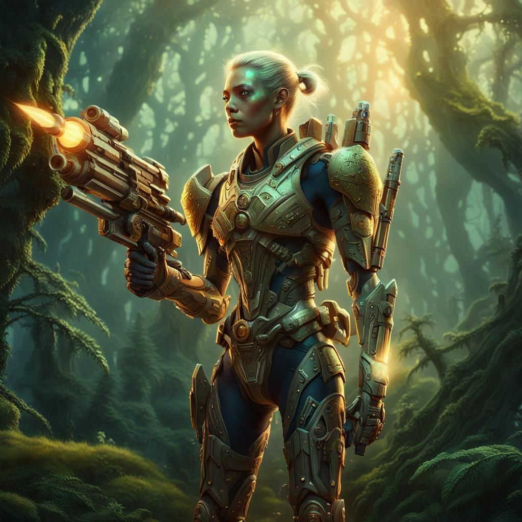 Cyborg Elf Warden in Mystical Forest