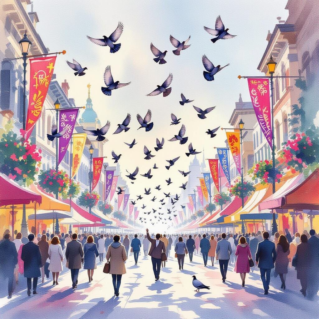 Pigeons Fly Over Celebration in Romantic Watercolor Style