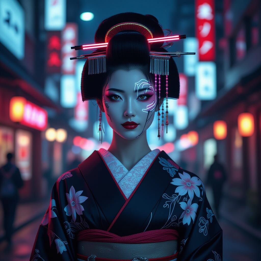 Cyberpunk Geisha with Bioluminescent Tattoos in Neon Tokyo