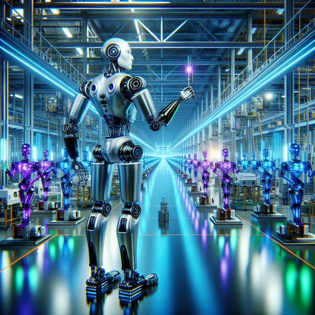 Futuristic Robot Factory Assembly Line in Metallic Hues