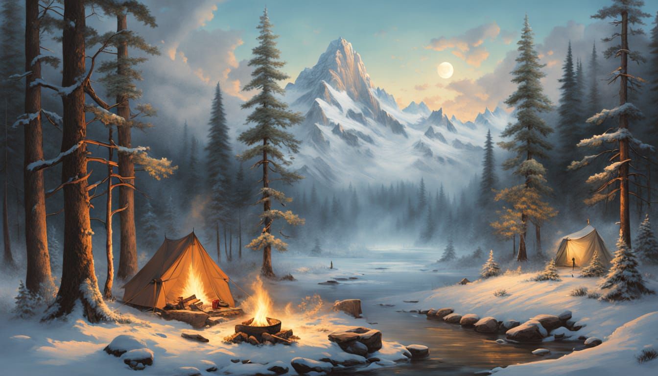 Winter Wonderland Campsite in Frost-Kissed Forest