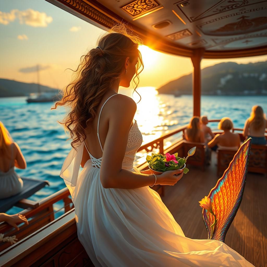 Magical Ferry Sailing to Greek Island at Sunset