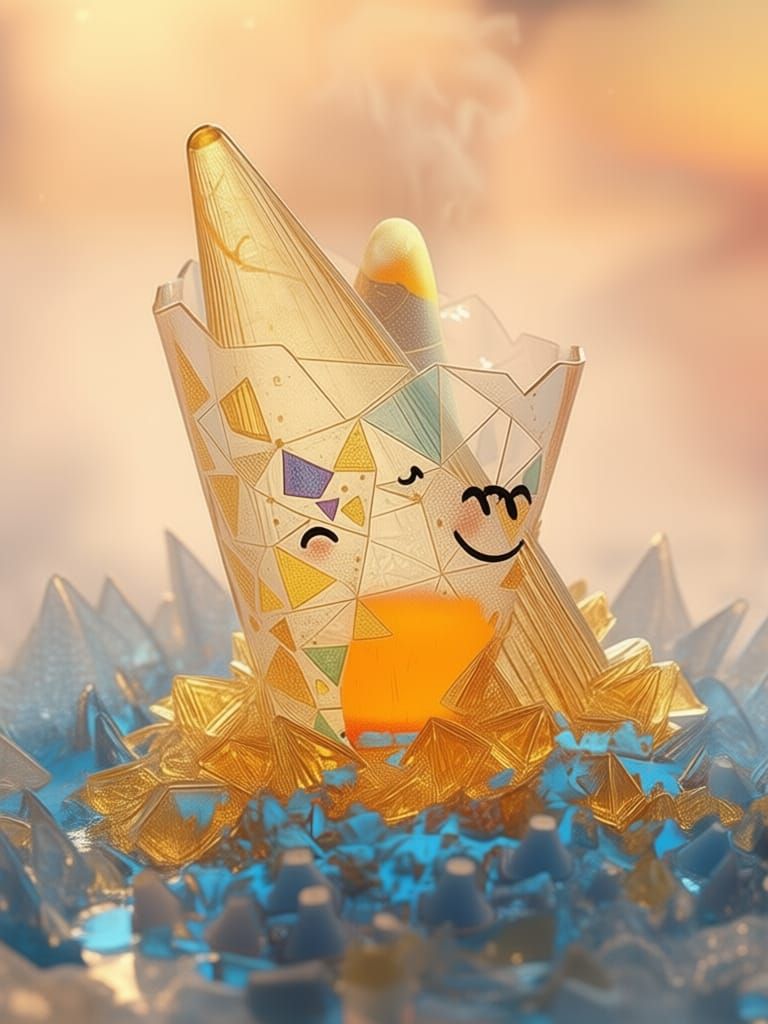 Golden Cone with Intricate Patterns and Smiling Face