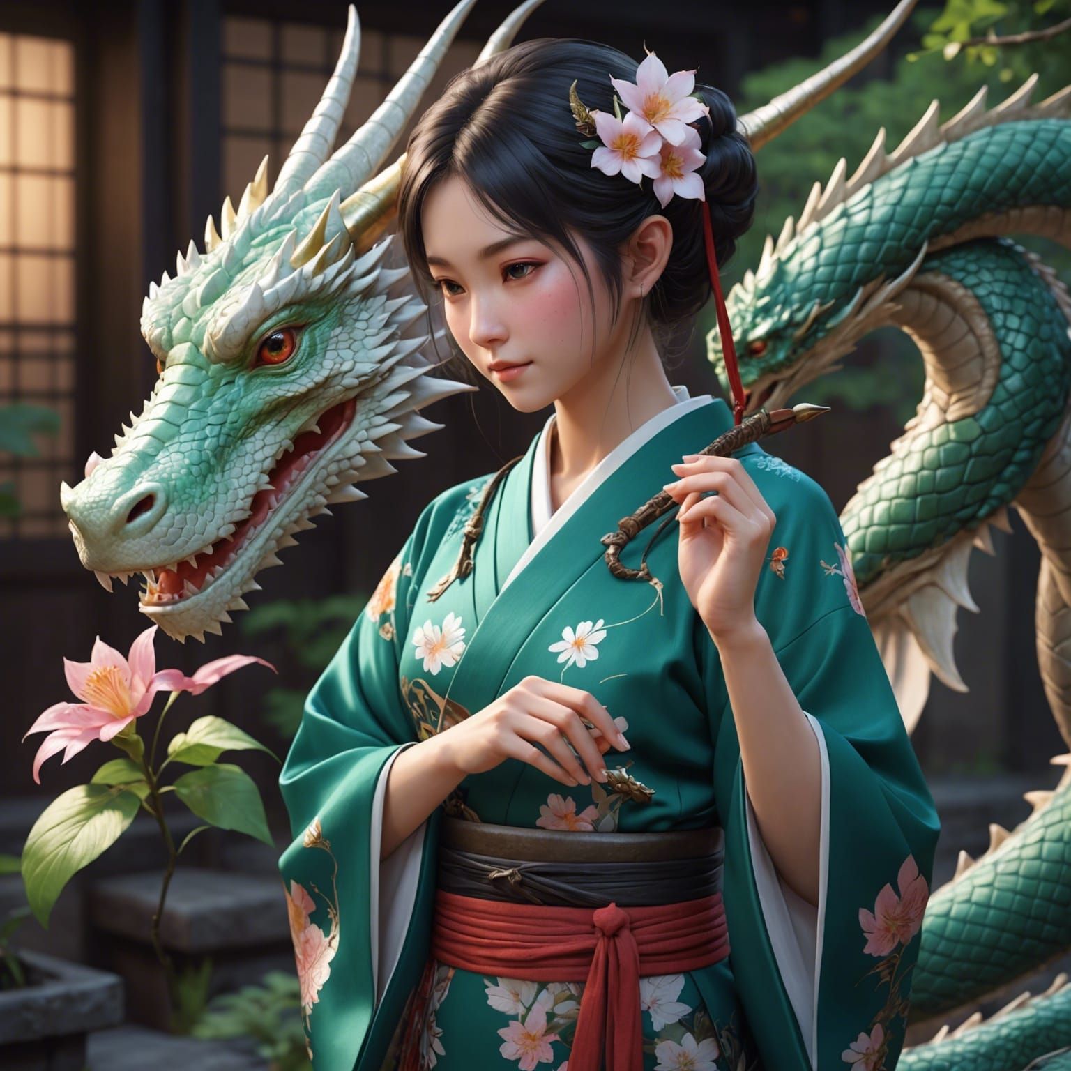 Japanese Elf Petting Dragon in Anime Style